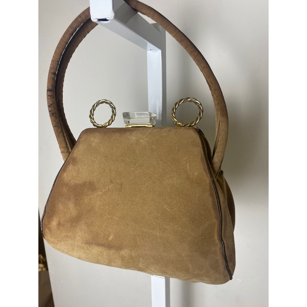 Vintage Tan Suede Handbag Lucite Clasp Gold Ring Handle Bag Brown Mid Century